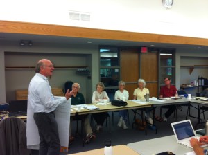 FLOW Chair Jim Olson, left, addresses Cannon Township Supervisors and citizens in June. Photo credit (c) Liz Kirkwood/FLOW 2013